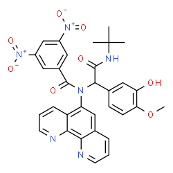 ChemSpider 2D Image | N-{1-(3-Hydroxy-4-methoxyphenyl)-2-[(2-methyl-2-propanyl)amino]-2-oxoethyl}-3,5-dinitro-N-(1,10-phenanthrolin-5-yl)benzamide | C32H28N6O8