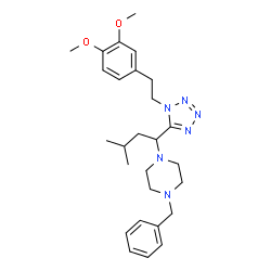 ChemSpider 2D Image | 1-Benzyl-4-(1-{1-[2-(3,4-dimethoxyphenyl)ethyl]-1H-tetrazol-5-yl}-3-methylbutyl)piperazine | C27H38N6O2
