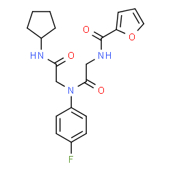 ChemSpider 2D Image | N-(2-Furoyl)glycyl-N-cyclopentyl-N~2~-(4-fluorophenyl)glycinamide | C20H22FN3O4