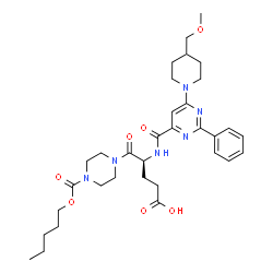 ChemSpider 2D Image | (4S)-4-[({6-[4-(Methoxymethyl)-1-piperidinyl]-2-phenyl-4-pyrimidinyl}carbonyl)amino]-5-oxo-5-{4-[(pentyloxy)carbonyl]-1-piperazinyl}pentanoic acid | C33H46N6O7