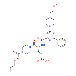 ChemSpider 2D Image | (4S)-5-[4-(Butoxycarbonyl)-1-piperazinyl]-4-[({6-[4-(2-methoxyethyl)-1-piperidinyl]-2-phenyl-4-pyrimidinyl}carbonyl)amino]-5-oxopentanoic acid | C33H46N6O7