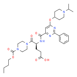 ChemSpider 2D Image | (4S)-5-[4-(Butoxycarbonyl)-1-piperazinyl]-4-[({6-[(1-isopropyl-4-piperidinyl)oxy]-2-phenyl-4-pyrimidinyl}carbonyl)amino]-5-oxopentanoic acid | C33H46N6O7