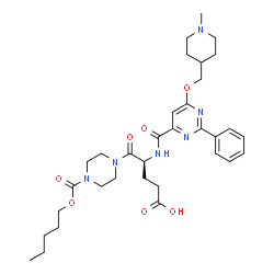 ChemSpider 2D Image | (4S)-4-[({6-[(1-Methyl-4-piperidinyl)methoxy]-2-phenyl-4-pyrimidinyl}carbonyl)amino]-5-oxo-5-{4-[(pentyloxy)carbonyl]-1-piperazinyl}pentanoic acid | C33H46N6O7
