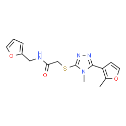 ChemSpider 2D Image | N-(2-Furylmethyl)-2-{[4-methyl-5-(2-methyl-3-furyl)-4H-1,2,4-triazol-3-yl]sulfanyl}acetamide | C15H16N4O3S