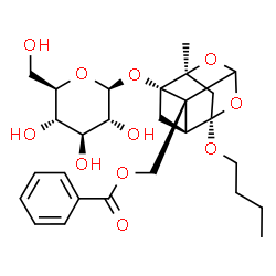 ChemSpider 2D Image | [(2S,3S,5S,6R,8S)-6-Butoxy-3-(beta-D-glucopyranosyloxy)-8-methyl-9,10-dioxatetracyclo[4.3.1.0~2,5~.0~3,8~]dec-2-yl]methyl benzoate | C27H36O11