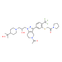 ChemSpider 2D Image | 2-{[5-(5-Acetyl-1-{2-hydroxy-3-[4-(2-hydroxy-2-propanyl)-1-piperidinyl]propyl}-4,5,6,7-tetrahydro-1H-pyrazolo[4,3-c]pyridin-3-yl)-2-(trifluoromethyl)phenyl]sulfanyl}-1-(1-pyrrolidinyl)ethanone | C32H44F3N5O4S