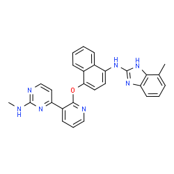 ChemSpider 2D Image | 4-Methyl-N-[4-({3-[2-(methylamino)-4-pyrimidinyl]-2-pyridinyl}oxy)-1-naphthyl]-1H-benzimidazol-2-amine | C28H23N7O