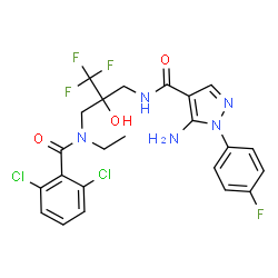 ChemSpider 2D Image | 5-Amino-N-(2-{[(2,6-dichlorobenzoyl)(ethyl)amino]methyl}-3,3,3-trifluoro-2-hydroxypropyl)-1-(4-fluorophenyl)-1H-pyrazole-4-carboxamide | C23H21Cl2F4N5O3
