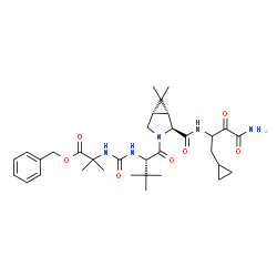 ChemSpider 2D Image | Benzyl N-{[(2S)-1-{(1R,2S,5S)-2-[(4-amino-1-cyclopropyl-3,4-dioxo-2-butanyl)carbamoyl]-6,6-dimethyl-3-azabicyclo[3.1.0]hex-3-yl}-3,3-dimethyl-1-oxo-2-butanyl]carbamoyl}-2-methylalaninate | C33H47N5O7