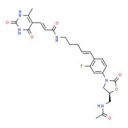 ChemSpider 2D Image | (2E)-N-[(4E)-5-{4-[(5S)-5-(Acetamidomethyl)-2-oxo-1,3-oxazolidin-3-yl]-2-fluorophenyl}-4-penten-1-yl]-3-(6-methyl-2,4-dioxo-1,2,3,4-tetrahydro-5-pyrimidinyl)acrylamide | C25H28FN5O6