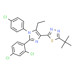 ChemSpider 2D Image | 2-[1-(4-Chlorophenyl)-2-(2,4-dichlorophenyl)-5-ethyl-1H-imidazol-4-yl]-5-(2-methyl-2-propanyl)-1,3,4-thiadiazole | C23H21Cl3N4S