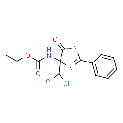 ChemSpider 2D Image | Ethyl [4-(dichloromethyl)-5-oxo-2-phenyl-4,5-dihydro-1H-imidazol-4-yl]carbamate | C13H13Cl2N3O3