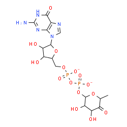 ChemSpider 2D Image | [[5-(2-amino-6-oxo-1H-purin-9-yl)-3,4-dihydroxy-tetrahydrofuran-2-yl]methoxy-oxido-phosphoryl] (3,4-dihydroxy-6-methyl-5-oxo-tetrahydropyran-2-yl) phosphate | C16H21N5O15P2