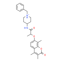 ChemSpider 2D Image | 1-Benzyl-4-({2-[(3,4,8-trimethyl-2-oxo-2H-chromen-7-yl)oxy]propanoyl}amino)piperidinium | C27H33N2O4