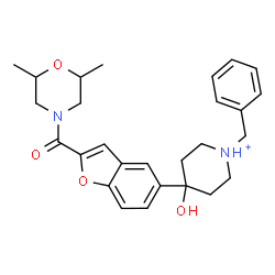 ChemSpider 2D Image | 1-Benzyl-4-{2-[(2,6-dimethyl-4-morpholinyl)carbonyl]-1-benzofuran-5-yl}-4-hydroxypiperidinium | C27H33N2O4