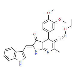 ChemSpider 2D Image | (2Z)-4-(3,4-dimethoxyphenyl)-5-(ethoxyiminomethylene)-2-(1H-indol-3-ylmethylene)-6-methyl-3a,4-dihydro-1H-pyrrolo[2,3-b]pyridin-3-one | C28H27N4O4