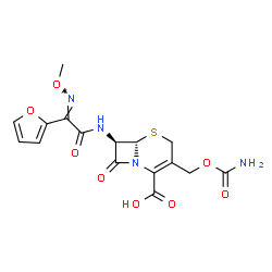ChemSpider 2D Image | (6S,7R)-3-[(Carbamoyloxy)methyl]-7-{[(2E)-2-(2-furyl)-2-(methoxyimino)acetyl]amino}-8-oxo-5-thia-1-azabicyclo[4.2.0]oct-2-ene-2-carboxylic acid | C16H16N4O8S
