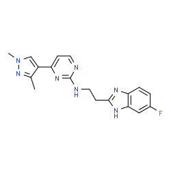 ChemSpider 2D Image | 4-(1,3-Dimethyl-1H-pyrazol-4-yl)-N-[2-(5-fluoro-1H-benzimidazol-2-yl)ethyl]-2-pyrimidinamine | C18H18FN7