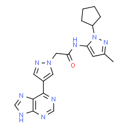 ChemSpider 2D Image | N-(1-Cyclopentyl-3-methyl-1H-pyrazol-5-yl)-2-[4-(1H-purin-6-yl)-1H-pyrazol-1-yl]acetamide | C19H21N9O