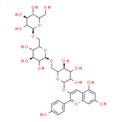 ChemSpider 2D Image | 5,7-Dihydroxy-2-(4-hydroxyphenyl)-3-chromeniumyl beta-D-threo-hexopyranosyl-(1->6)-beta-D-threo-hexopyranosyl-(1->6)-beta-D-glycero-hexopyranoside | C33H41O20