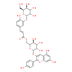 ChemSpider 2D Image | 5,7-Dihydroxy-2-(4-hydroxyphenyl)-3-chromeniumyl 6-O-{(2E)-3-[3-(alpha-L-threo-hexopyranosyloxy)-4-hydroxyphenyl]-2-propenoyl}-beta-D-glycero-hexopyranoside | C36H37O18