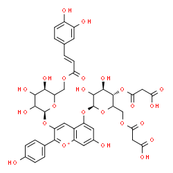 ChemSpider 2D Image | 5-{[4,6-Bis-O-(carboxyacetyl)-beta-D-threo-hexopyranosyl]oxy}-7-hydroxy-2-(4-hydroxyphenyl)-3-chromeniumyl 6-O-[(2E)-3-(3,4-dihydroxyphenyl)-2-propenoyl]-alpha-L-glycero-hexopyranoside | C42H41O24