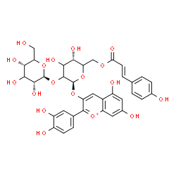 ChemSpider 2D Image | 2-(3,4-Dihydroxyphenyl)-5,7-dihydroxy-3-chromeniumyl 2-O-beta-D-erythro-hexopyranosyl-6-O-[(2E)-3-(4-hydroxyphenyl)-2-propenoyl]-beta-D-glycero-hexopyranoside | C36H37O18