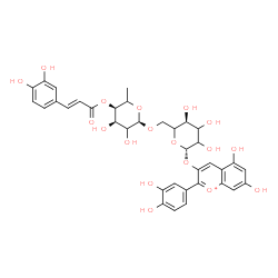 ChemSpider 2D Image | 2-(3,4-Dihydroxyphenyl)-5,7-dihydroxy-3-chromeniumyl 6-O-{6-deoxy-4-O-[(2E)-3-(3,4-dihydroxyphenyl)-2-propenoyl]-alpha-L-erythro-hexopyranosyl}-beta-D-glycero-hexopyranoside | C36H37O18