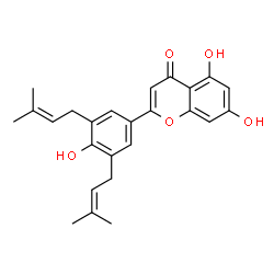 ChemSpider 2D Image | 5,7-Dihydroxy-2-[4-hydroxy-3,5-bis(3-methyl-2-buten-1-yl)phenyl]-4H-chromen-4-one | C25H26O5