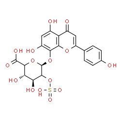 ChemSpider 2D Image | 5,7-Dihydroxy-2-(4-hydroxyphenyl)-4-oxo-4H-chromen-8-yl 2-O-sulfo-beta-D-threo-hexopyranosiduronic acid | C21H18O15S