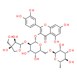 ChemSpider 2D Image | 2-(3,4-Dihydroxyphenyl)-5,7-dihydroxy-4-oxo-4H-chromen-3-yl 6-O-(6-deoxy-alpha-L-mannopyranosyl)-2-O-[(2S,3R,4R)-3,4-dihydroxy-4-(hydroxymethyl)tetrahydro-2-furanyl]-beta-D-galactopyranoside | C32H38O20