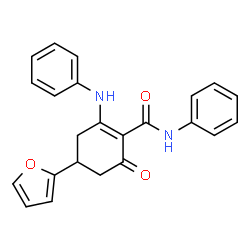 ChemSpider 2D Image | 2-Anilino-4-(2-furyl)-6-oxo-N-phenyl-1-cyclohexene-1-carboxamide | C23H20N2O3