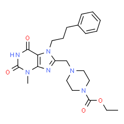 ChemSpider 2D Image | Ethyl 4-{[3-methyl-2,6-dioxo-7-(3-phenylpropyl)-2,3,6,7-tetrahydro-1H-purin-8-yl]methyl}-1-piperazinecarboxylate | C23H30N6O4