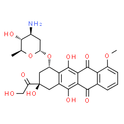 ChemSpider 2D Image | (1S,3R)-3-Glycoloyl-3,5,12-trihydroxy-10-methoxy-6,11-dioxo-1,2,3,4,6,11-hexahydro-1-tetracenyl 3-amino-2,3,6-trideoxy-alpha-L-arabino-hexopyranoside | C27H29NO11