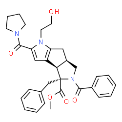 ChemSpider 2D Image | Methyl (3bR,4R,6aR)-5-benzoyl-4-benzyl-1-(2-hydroxyethyl)-2-(1-pyrrolidinylcarbonyl)-3b,4,5,6,6a,7-hexahydro-1H-pyrrolo[3',4':3,4]cyclopenta[1,2-b]pyrrole-4-carboxylate | C32H35N3O5