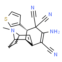 ChemSpider 2D Image | (2S,3S)-5-Amino-12-methyl-3-(3-thienyl)-12-azatricyclo[7.2.1.0~2,7~]dodeca-5,7-diene-4,4,6-tricarbonitrile | C19H17N5S