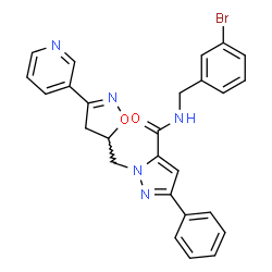 ChemSpider 2D Image | N-(3-Bromobenzyl)-3-phenyl-1-{[3-(3-pyridinyl)-4,5-dihydro-1,2-oxazol-5-yl]methyl}-1H-pyrazole-5-carboxamide | C26H22BrN5O2