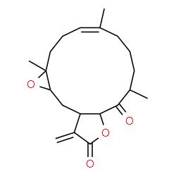 ChemSpider 2D Image | (1aR,9R,13aS,14aR)-1a,5,9-Trimethyl-13-methylene-2,3,6,7,8,9,13,13a,14,14a-decahydrooxireno[4,5]cyclotetradeca[1,2-b]furan-10,12(1aH,10aH)-dione | C20H28O4
