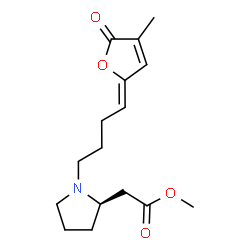 ChemSpider 2D Image | Methyl {(2R)-1-[(4Z)-4-(4-methyl-5-oxo-2(5H)-furanylidene)butyl]-2-pyrrolidinyl}acetate | C16H23NO4