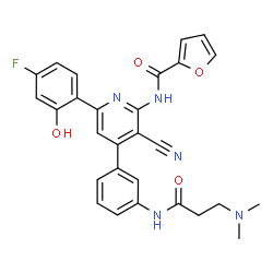 ChemSpider 2D Image | N-[3-Cyano-4-{3-[(N,N-dimethyl-beta-alanyl)amino]phenyl}-6-(4-fluoro-2-hydroxyphenyl)-2-pyridinyl]-2-furamide | C28H24FN5O4
