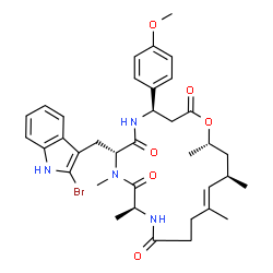 ChemSpider 2D Image | (4R,7R,10S,15E,17R,19S)-7-[(2-Bromo-1H-indol-3-yl)methyl]-4-(4-methoxyphenyl)-8,10,15,17,19-pentamethyl-1-oxa-5,8,11-triazacyclononadec-15-ene-2,6,9,12-tetrone | C36H45BrN4O6