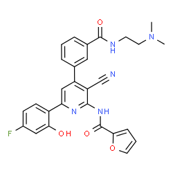 ChemSpider 2D Image | N-[3-Cyano-4-(3-{[2-(dimethylamino)ethyl]carbamoyl}phenyl)-6-(4-fluoro-2-hydroxyphenyl)-2-pyridinyl]-2-furamide | C28H24FN5O4