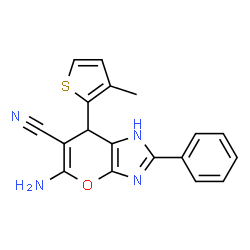 ChemSpider 2D Image | 5-Amino-7-(3-methyl-2-thienyl)-2-phenyl-1,7-dihydropyrano[2,3-d]imidazole-6-carbonitrile | C18H14N4OS