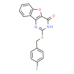 ChemSpider 2D Image | 2-[(4-Fluorobenzyl)sulfanyl][1]benzofuro[3,2-d]pyrimidin-4(1H)-one | C17H11FN2O2S