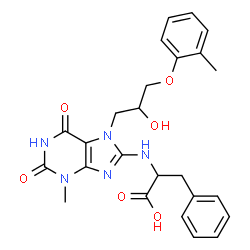 ChemSpider 2D Image | N-{7-[2-Hydroxy-3-(2-methylphenoxy)propyl]-3-methyl-2,6-dioxo-2,3,6,7-tetrahydro-1H-purin-8-yl}phenylalanine | C25H27N5O6
