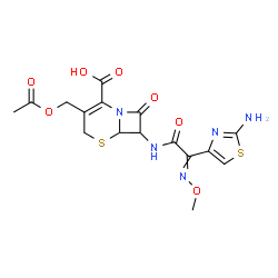 ChemSpider 2D Image | 3-(Acetoxymethyl)-7-{[(2-amino-1,3-thiazol-4-yl)(methoxyimino)acetyl]amino}-8-oxo-5-thia-1-azabicyclo[4.2.0]oct-2-ene-2-carboxylic acid | C16H17N5O7S2