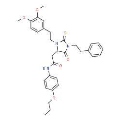 ChemSpider 2D Image | 2-{3-[2-(3,4-Dimethoxyphenyl)ethyl]-5-oxo-1-(2-phenylethyl)-2-thioxo-4-imidazolidinyl}-N-(4-propoxyphenyl)acetamide | C32H37N3O5S