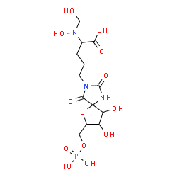 ChemSpider 2D Image | 5-{8,9-Dihydroxy-2,4-dioxo-7-[(phosphonooxy)methyl]-6-oxa-1,3-diazaspiro[4.4]non-3-yl}-N-hydroxy-N-(hydroxymethyl)norvaline | C13H22N3O13P