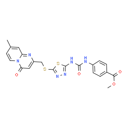 ChemSpider 2D Image | Methyl 4-{[(5-{[(8-methyl-4-oxo-4H-pyrido[1,2-a]pyrimidin-2-yl)methyl]sulfanyl}-1,3,4-thiadiazol-2-yl)carbamoyl]amino}benzoate | C21H18N6O4S2