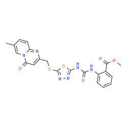 ChemSpider 2D Image | Methyl 2-{[(5-{[(7-methyl-4-oxo-4H-pyrido[1,2-a]pyrimidin-2-yl)methyl]sulfanyl}-1,3,4-thiadiazol-2-yl)carbamoyl]amino}benzoate | C21H18N6O4S2